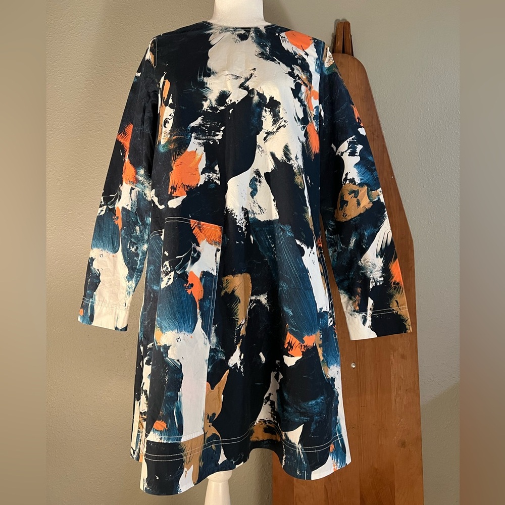 COS Abstract Brushstroke Mini Dress in Navy, White, Orange, Tan